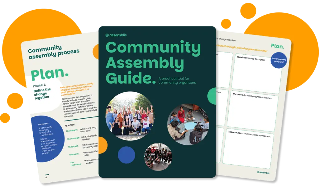 The cover of the Community Assembly Guide plus two inside pages, one showing the 'Plan' section and another a worksheet